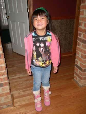Kasen wearing new pink fuzzy boots